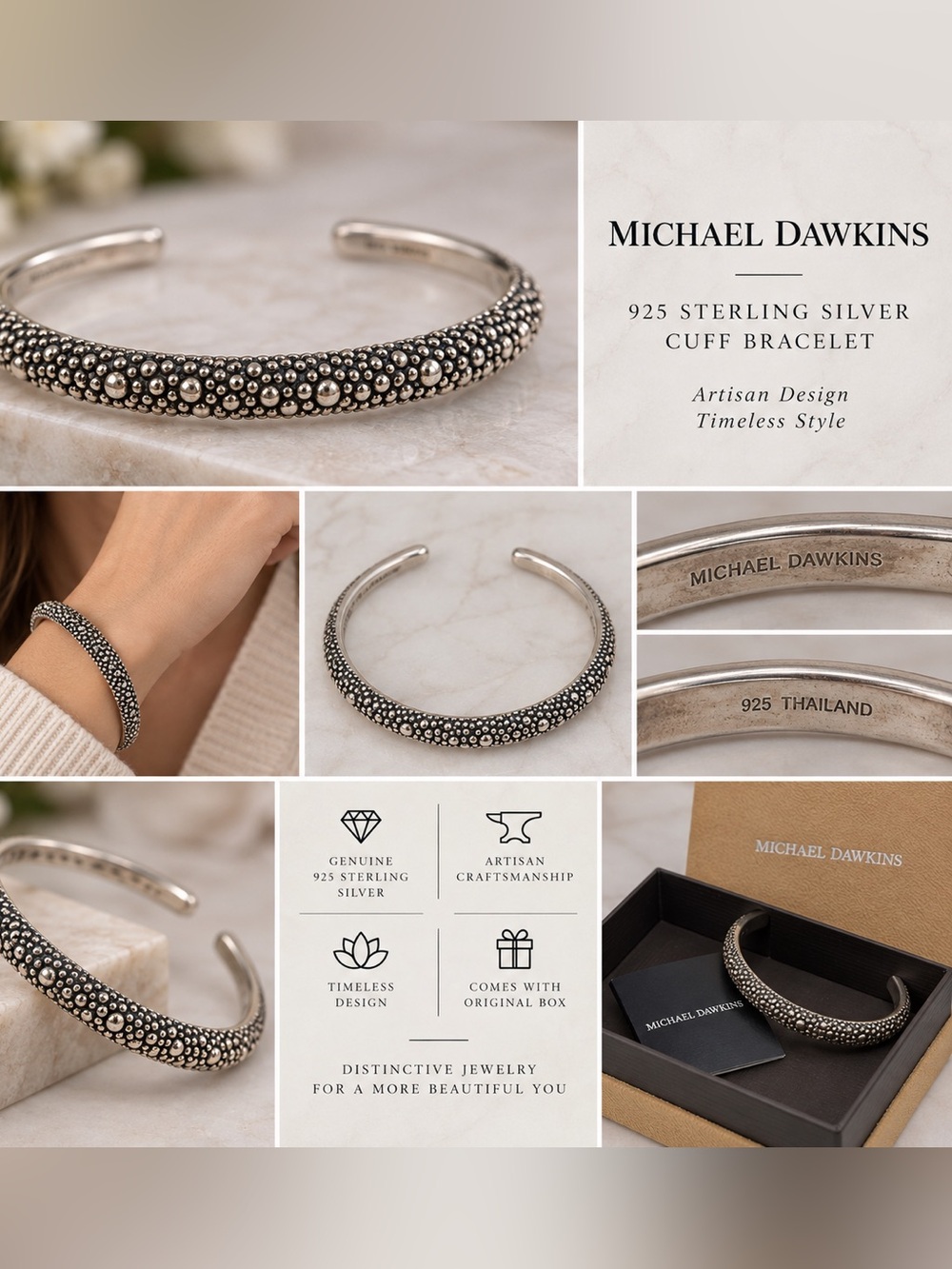 Michael Dawkins Sterling Silver Beaded Cuff Bracelet Artisan Jewelry